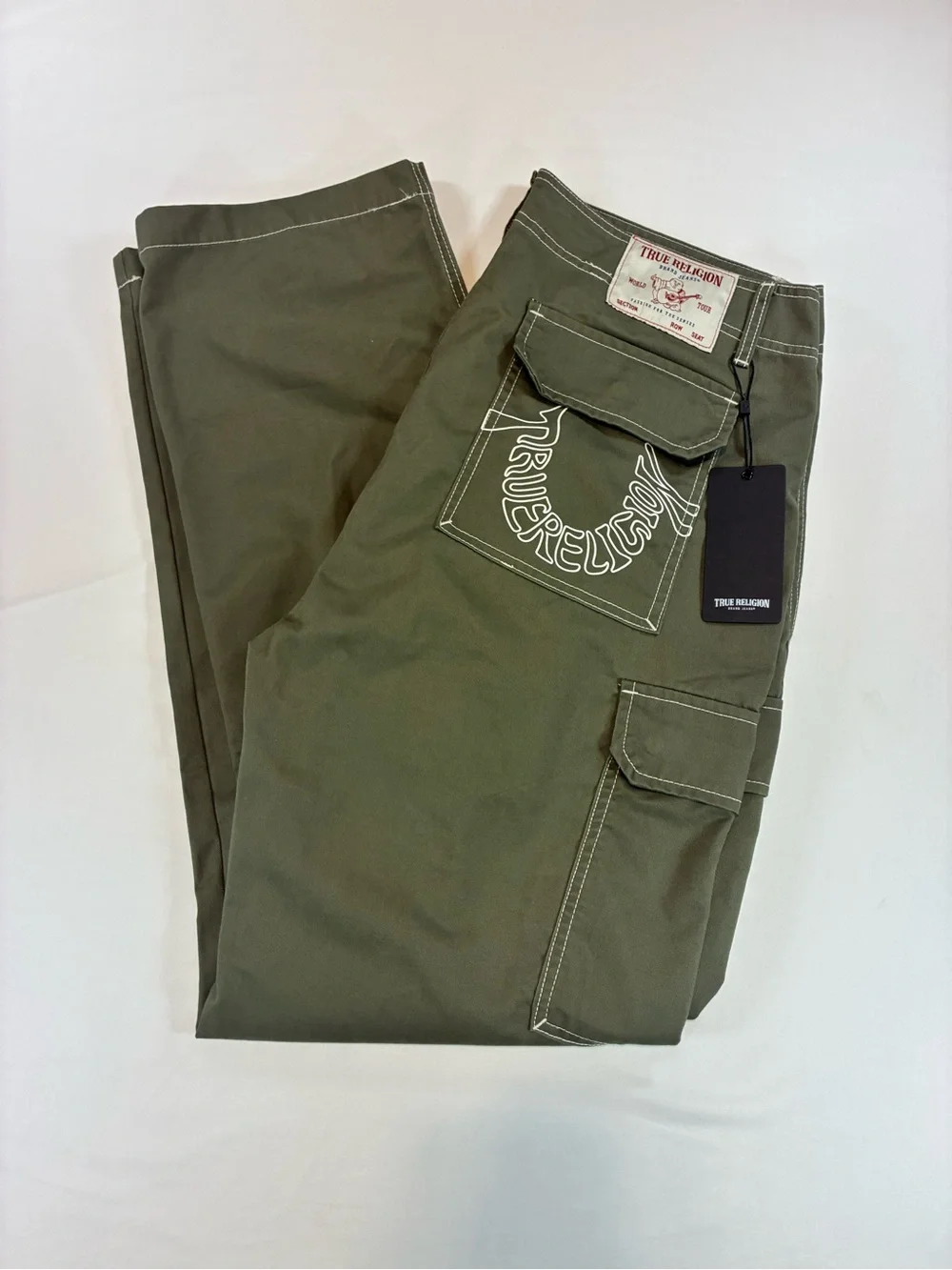 True Religion Olive Green Cargo Pants with Utility Pockets